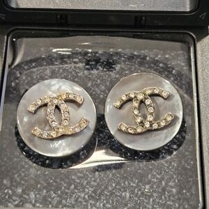 CHANEL Pearl Gray and Gold Crystal Earrings